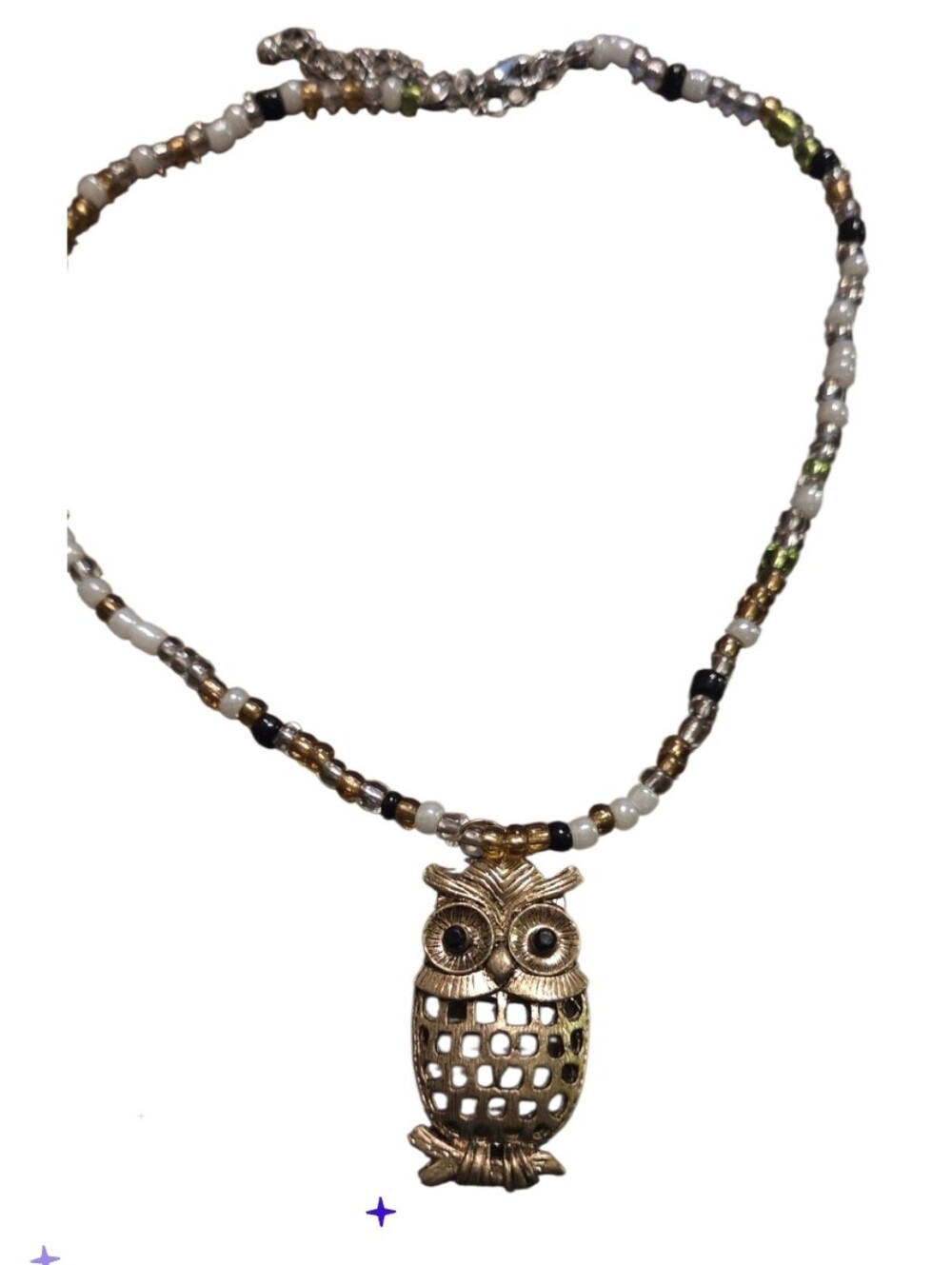 Vtg Gold Owl Pendant Beaded Necklace - Women Jewelry